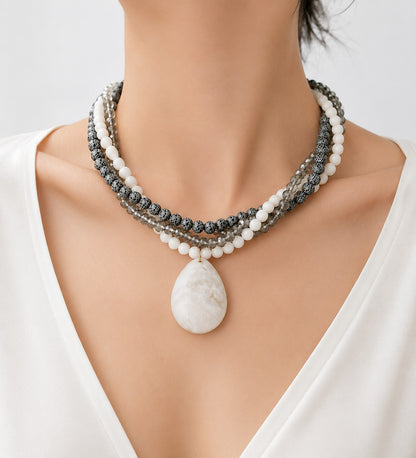 Frosted Black Agate White Agate Crystal 3-Strand Evil Eye Protection, Mental Clarity and Serenity Necklace