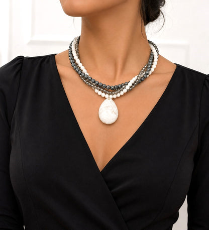 Frosted Black Agate White Agate Crystal 3-Strand Evil Eye Protection, Mental Clarity and Serenity Necklace