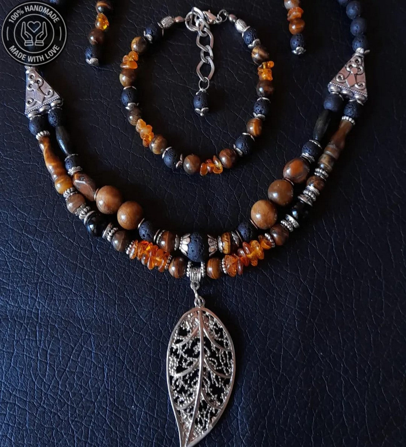 Lav Taşı Kaplan Gözü Kehribar Güç, Cesaret Ve Huzur Takı Seti