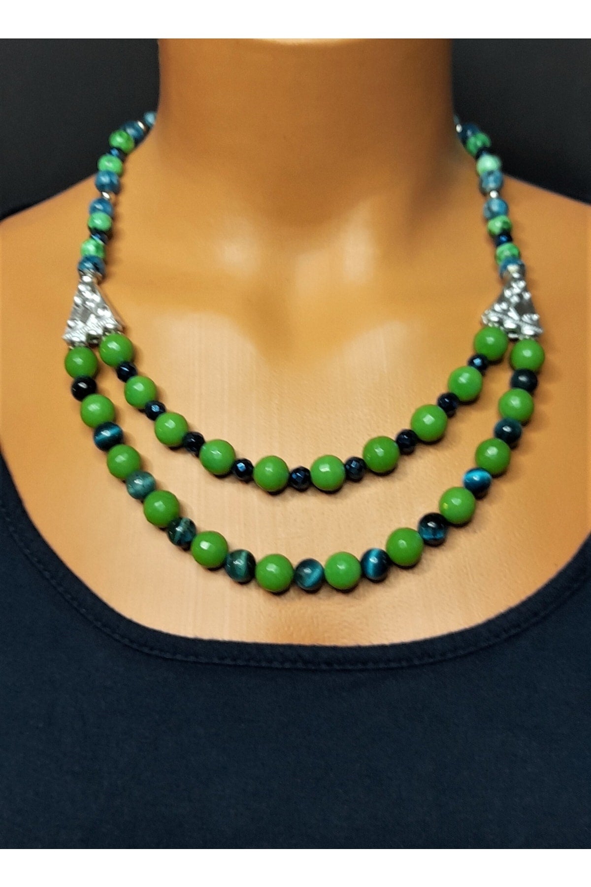 Yeşil Kaplan Gözü Ceyt Iki Sıralı Odaklanma, Denge Ve Özgüven Kolye Bileklik Seti