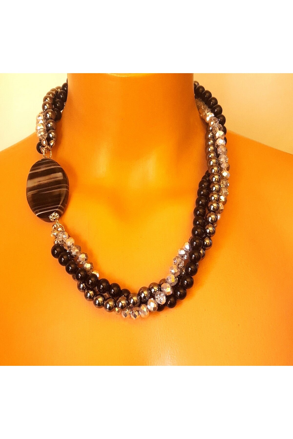 Oniks Hematit Kristal 3 Sıralı Güç Şifa Ve Nazar Koruma Kolyesi