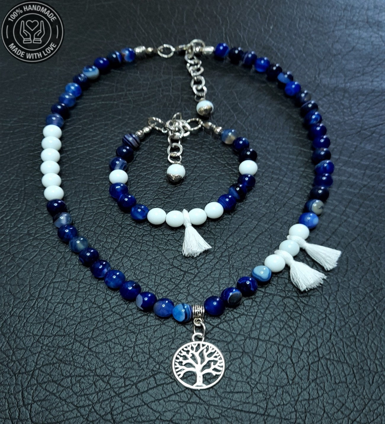 Lacivert Beyaz Akik Mantık Ve Zihinsel Berraklık Kolye Bileklik Seti