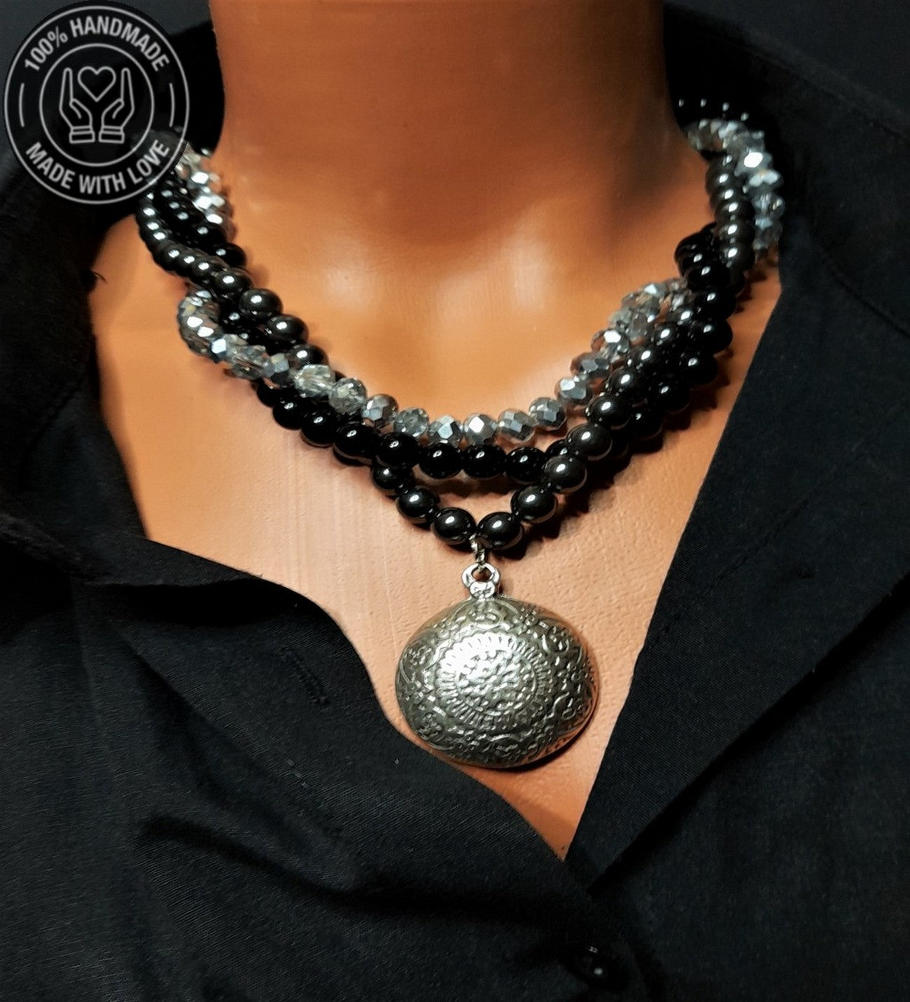 Hematit Oniks Kristal 3 Sıralı Güç, Nazardan Koruma Ve Zihinsel Berraklık Kolyesi