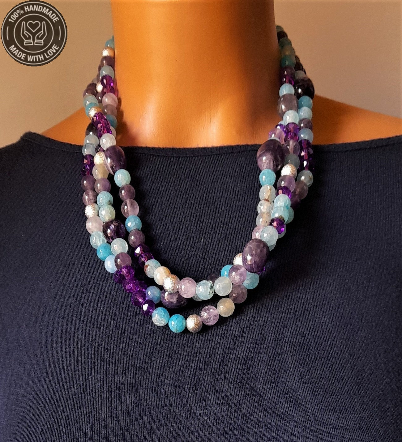 Ametist Mavi Akik 3 Sıralı Ruhsal Uyanış Nazar Koruması Ve Sezgisel Güç Kolyesi