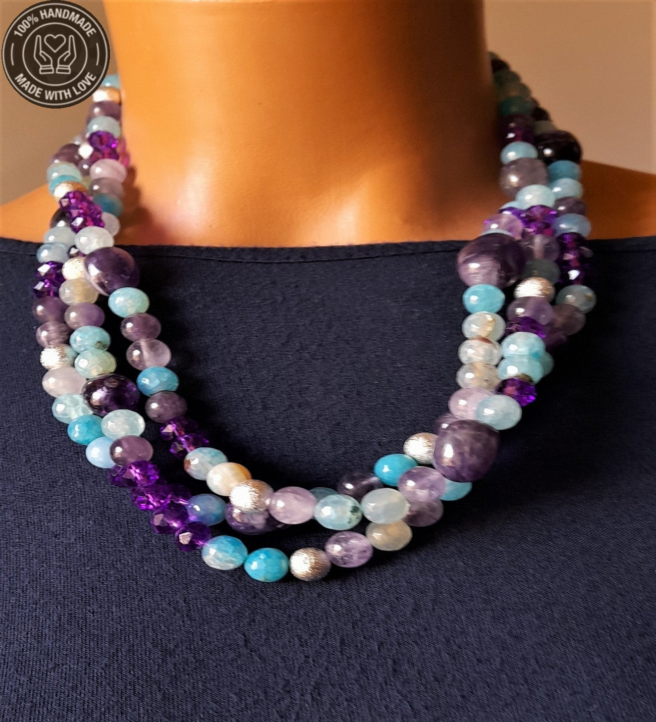 Ametist Mavi Akik 3 Sıralı Ruhsal Uyanış Nazar Koruması Ve Sezgisel Güç Kolyesi