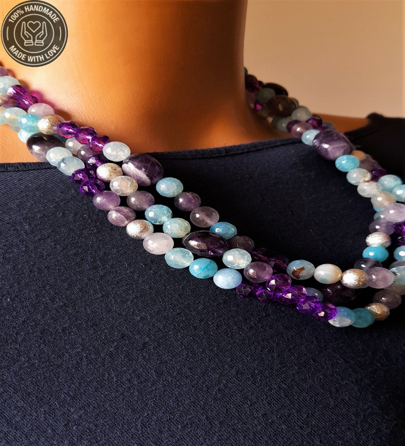 Ametist Mavi Akik 3 Sıralı Ruhsal Uyanış Nazar Koruması Ve Sezgisel Güç Kolyesi