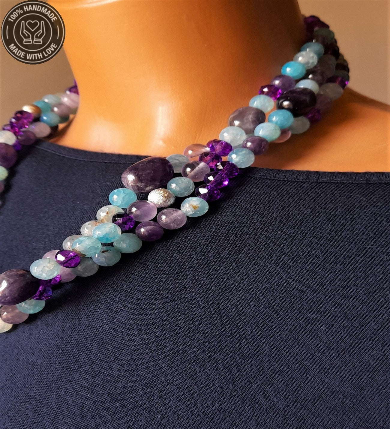 Ametist Mavi Akik 3 Sıralı Ruhsal Uyanış Nazar Koruması Ve Sezgisel Güç Kolyesi