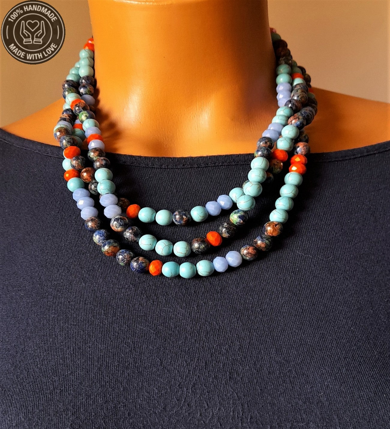 Turkuaz Jasper Üç Sıralı Kolye