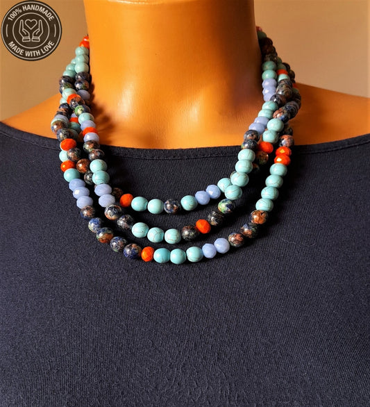 Turkuaz Jasper Üç Sıralı Kolye