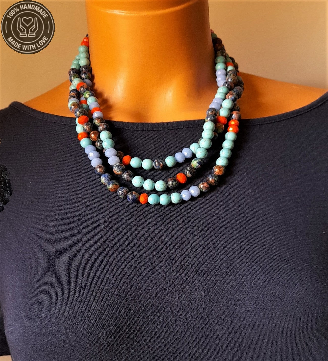 Turkuaz Jasper Üç Sıralı Kolye