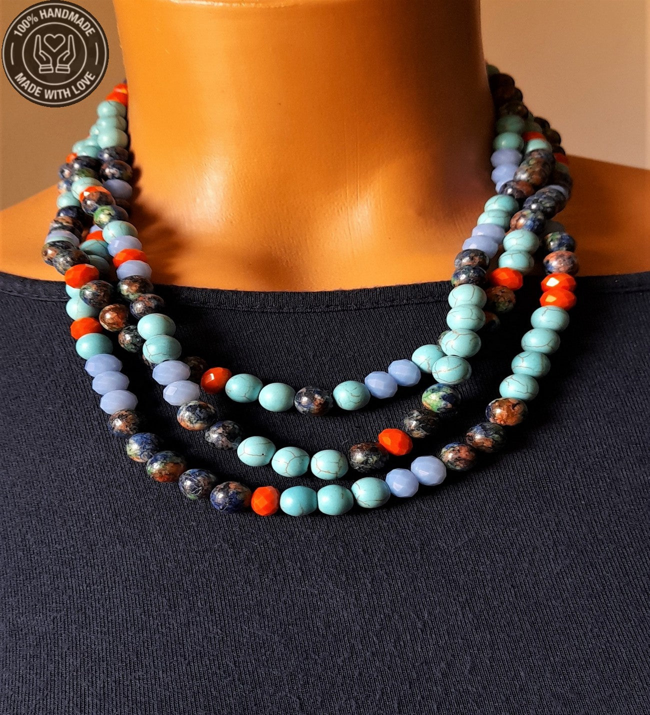 Turkuaz Jasper Üç Sıralı Kolye