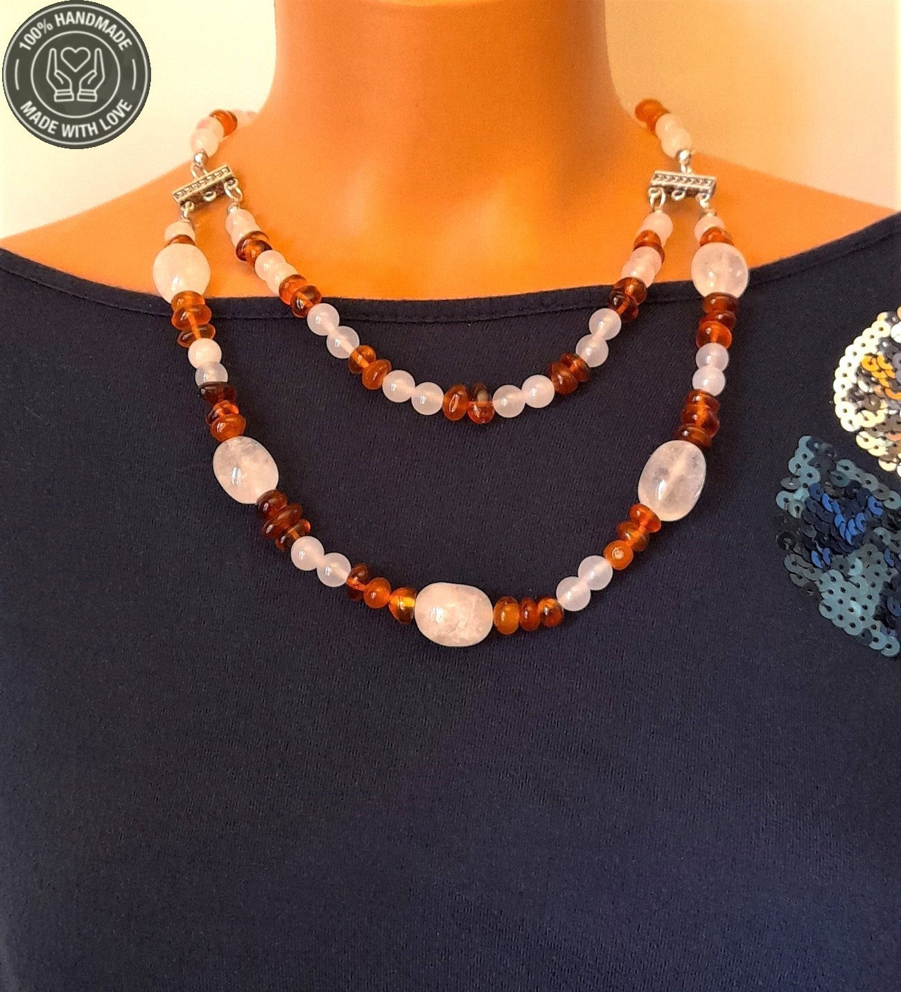 Kehribar Akik Iki Sıralı Şifa Enerji Ve Nazardan Korunma Kolyesi