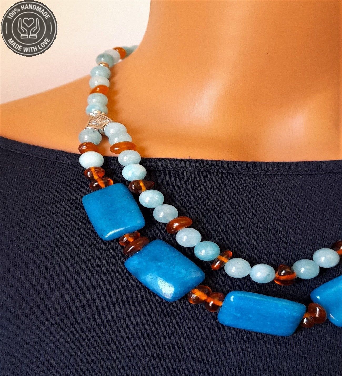 Akik Kuvars Kehribar Iki Sıralı Nazar Koruması Ve Bereket Kolyesi