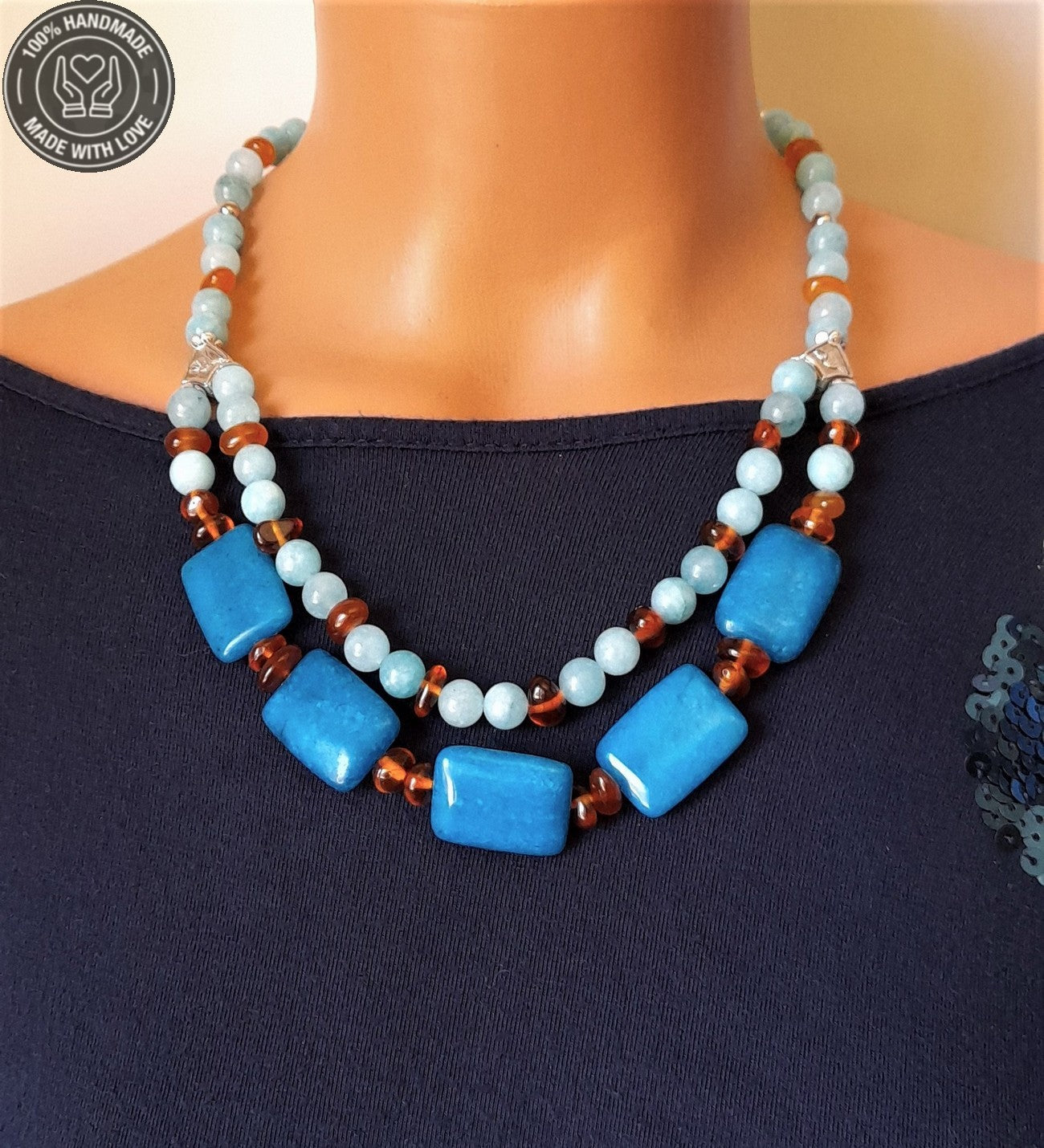 Akik Kuvars Kehribar Iki Sıralı Nazar Koruması Ve Bereket Kolyesi