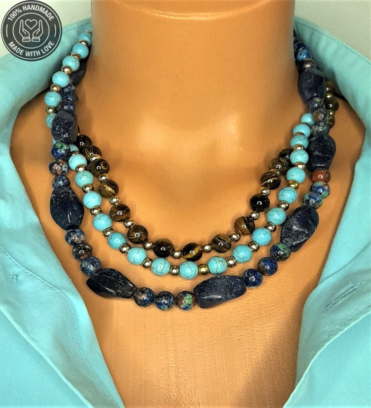 Ayrılabilen Üç Sıralı Kolye Lapis Turkuaz Kaplan Gözü Çakra Dengeleme Ve Bereket Kolyesi