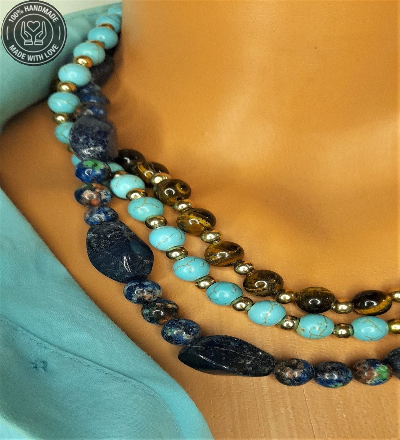 Ayrılabilen Üç Sıralı Kolye Lapis Turkuaz Kaplan Gözü Çakra Dengeleme Ve Bereket Kolyesi