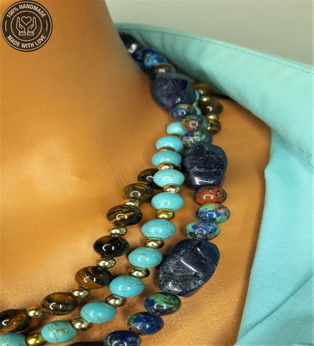 Ayrılabilen Üç Sıralı Kolye Lapis Turkuaz Kaplan Gözü Çakra Dengeleme Ve Bereket Kolyesi