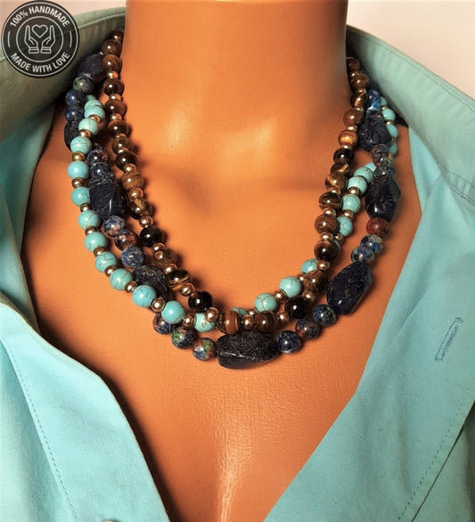 Ayrılabilen Üç Sıralı Kolye Lapis Turkuaz Kaplan Gözü Çakra Dengeleme Ve Bereket Kolyesi