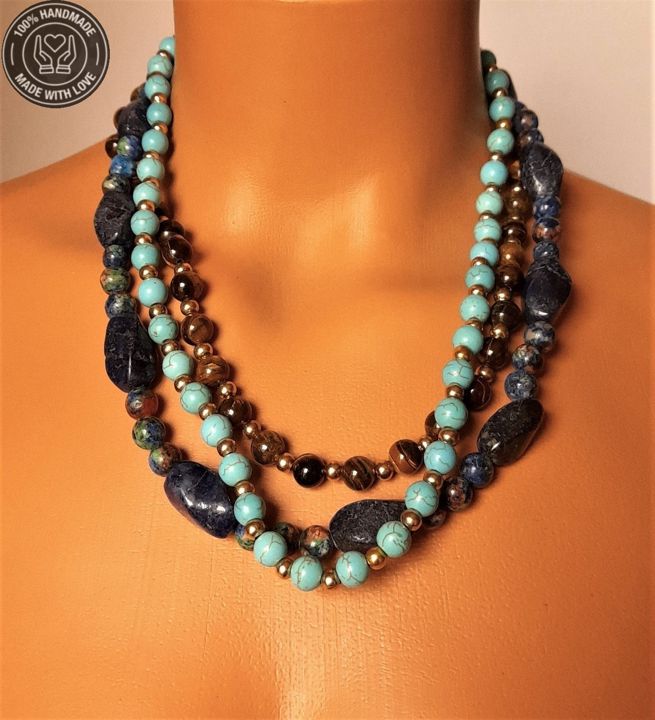 Ayrılabilen Üç Sıralı Kolye Lapis Turkuaz Kaplan Gözü Çakra Dengeleme Ve Bereket Kolyesi