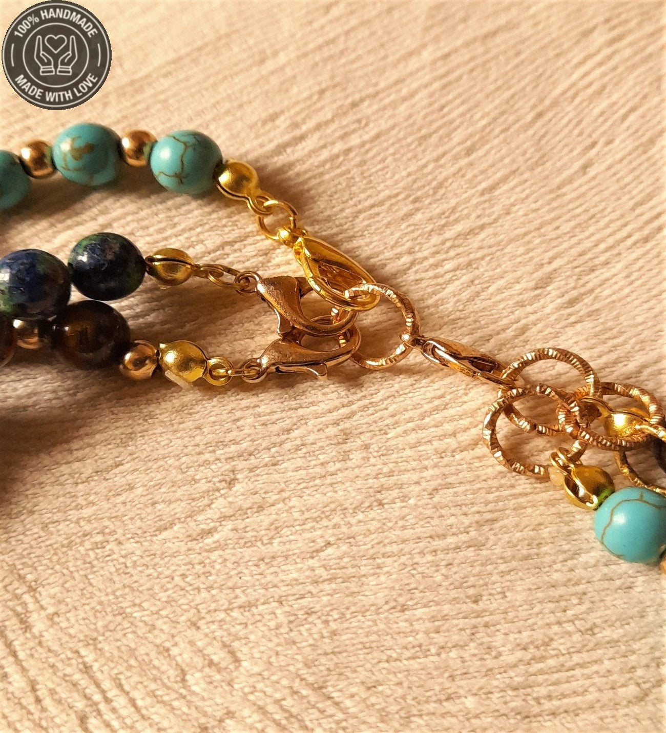 Ayrılabilen Üç Sıralı Kolye Lapis Turkuaz Kaplan Gözü Çakra Dengeleme Ve Bereket Kolyesi