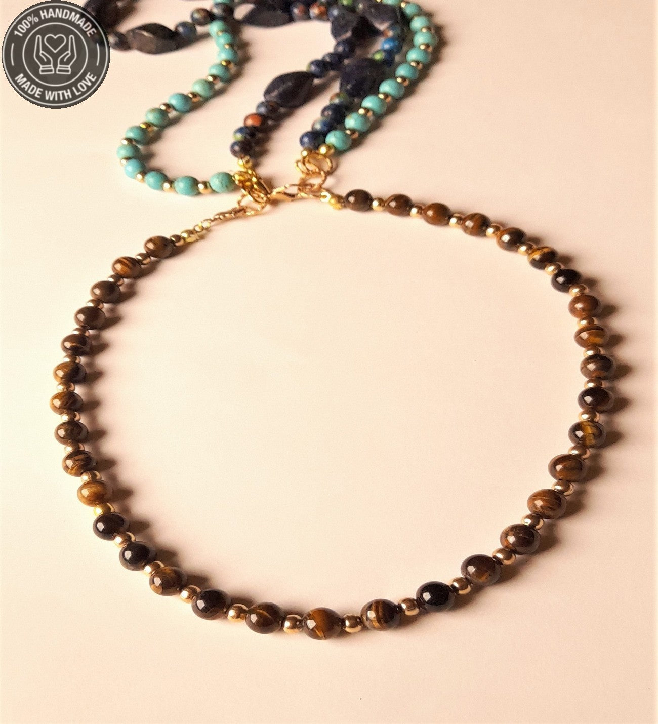 Ayrılabilen Üç Sıralı Kolye Lapis Turkuaz Kaplan Gözü Çakra Dengeleme Ve Bereket Kolyesi