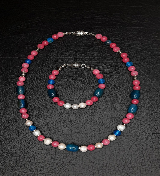 İnci Mavi Pembe Akik Stres Azaltma, Zihinsel Berraklık Ve Bereket Kolye Bileklik Seti