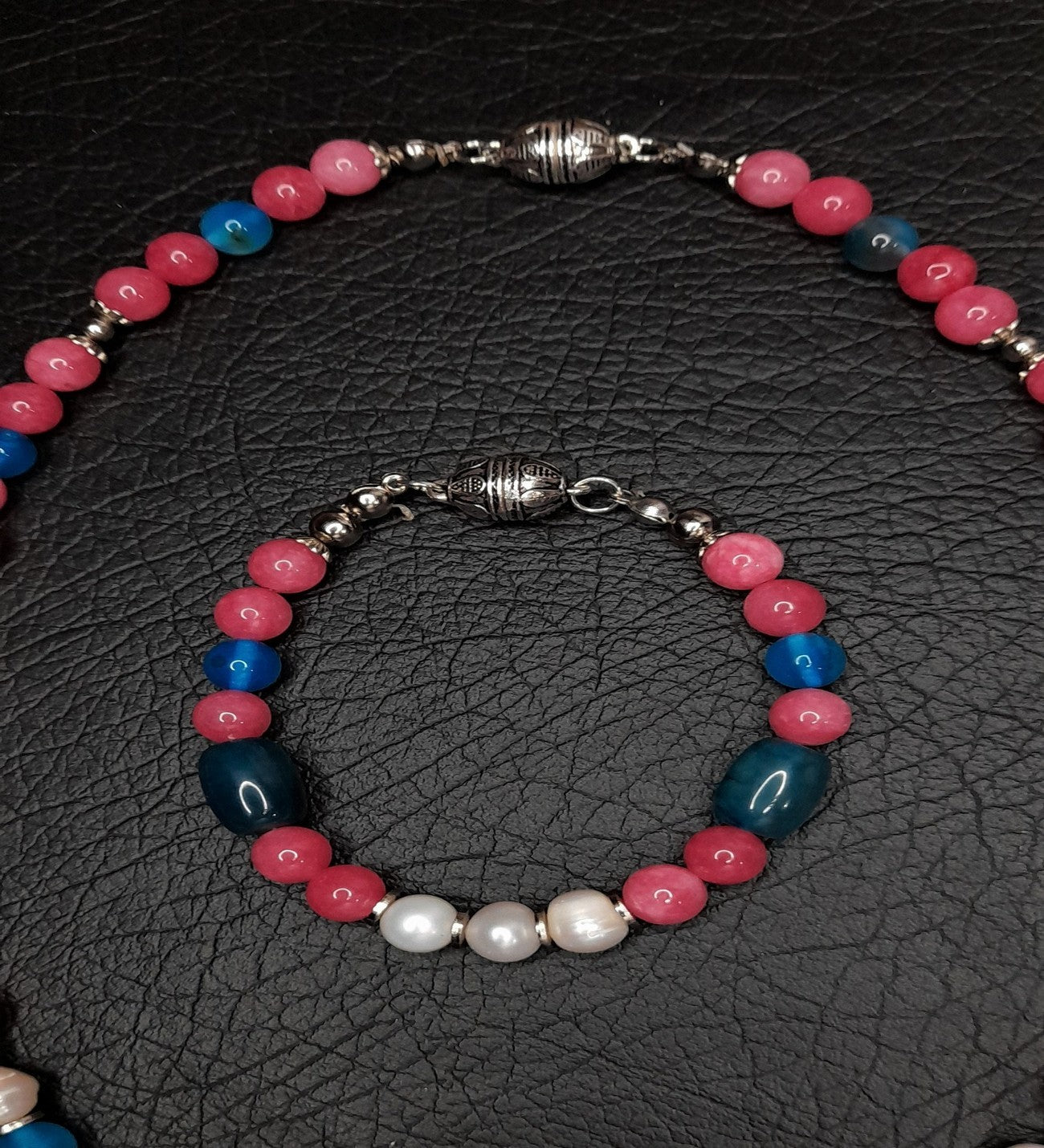 İnci Mavi Pembe Akik Stres Azaltma, Zihinsel Berraklık Ve Bereket Kolye Bileklik Seti