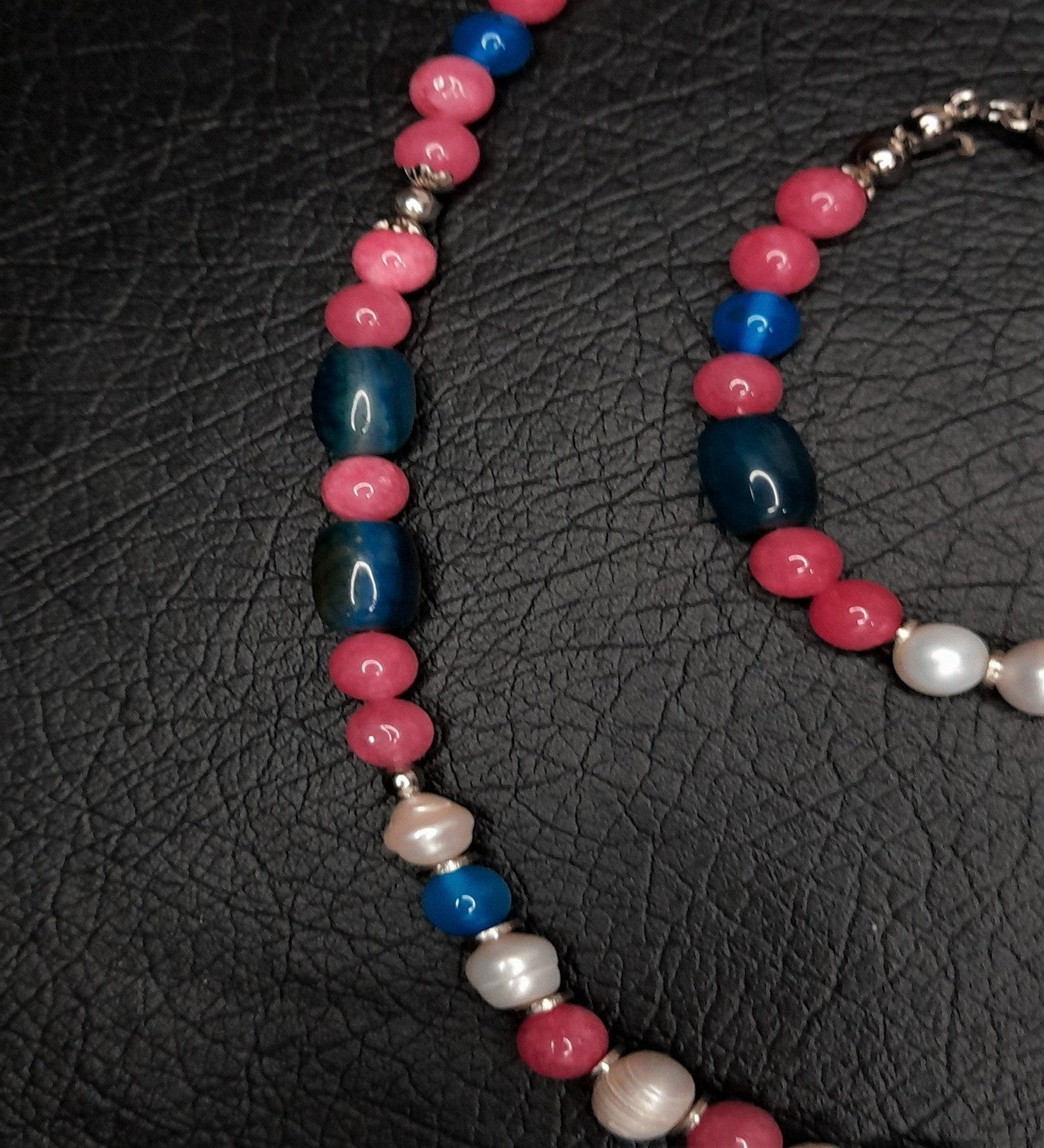 İnci Mavi Pembe Akik Stres Azaltma, Zihinsel Berraklık Ve Bereket Kolye Bileklik Seti