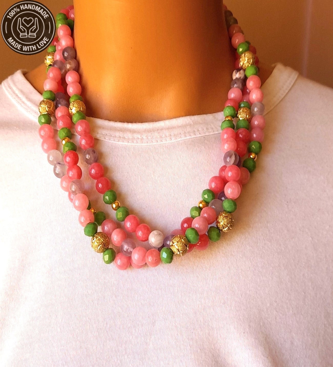 Ametist Pembe Akik Yeşil Kristal 3 Sıralı Sezgisel Güç Nazar Koruması Ve Pozitif Enerji Kolyesi