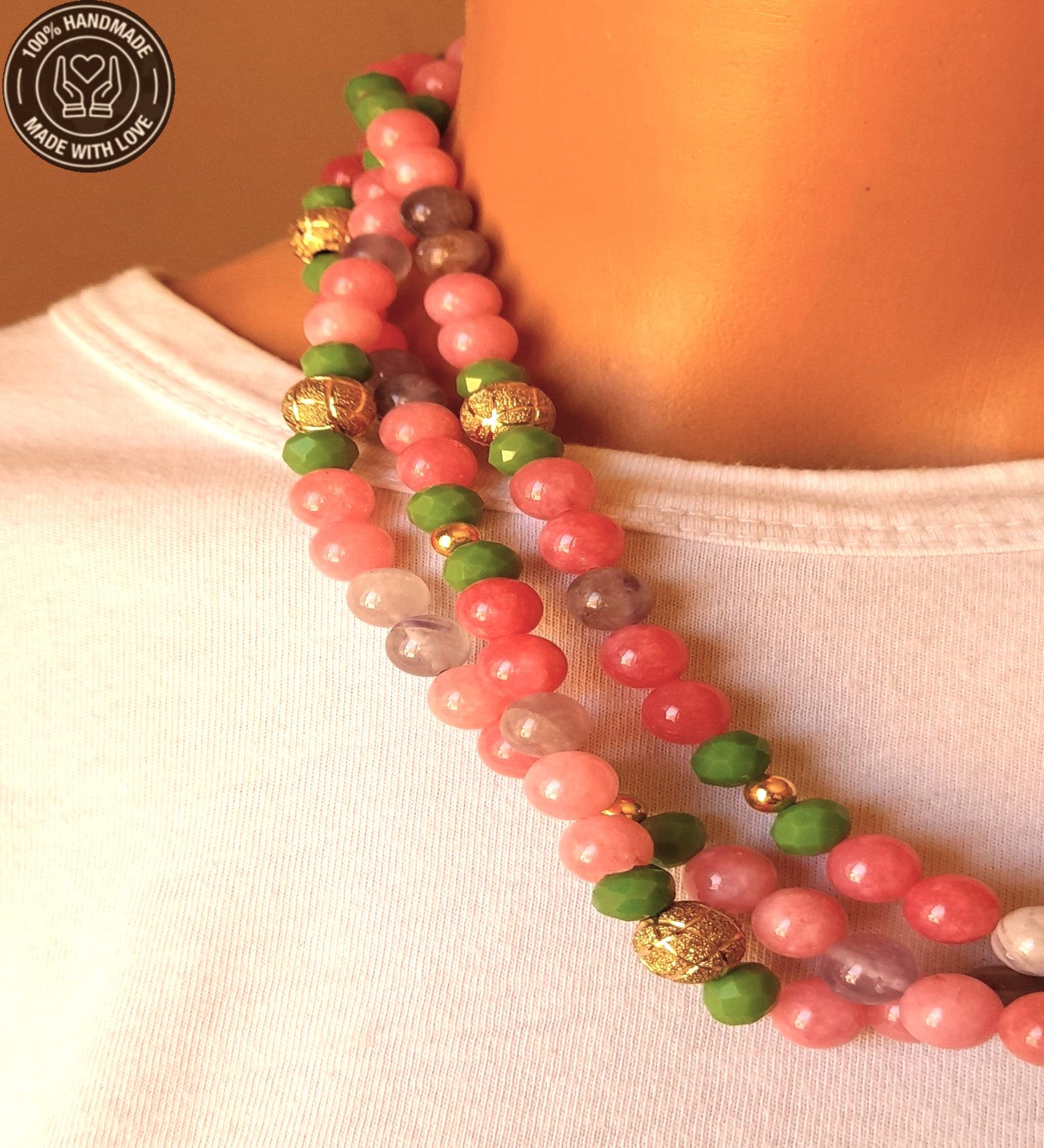 Ametist Pembe Akik Yeşil Kristal 3 Sıralı Sezgisel Güç Nazar Koruması Ve Pozitif Enerji Kolyesi