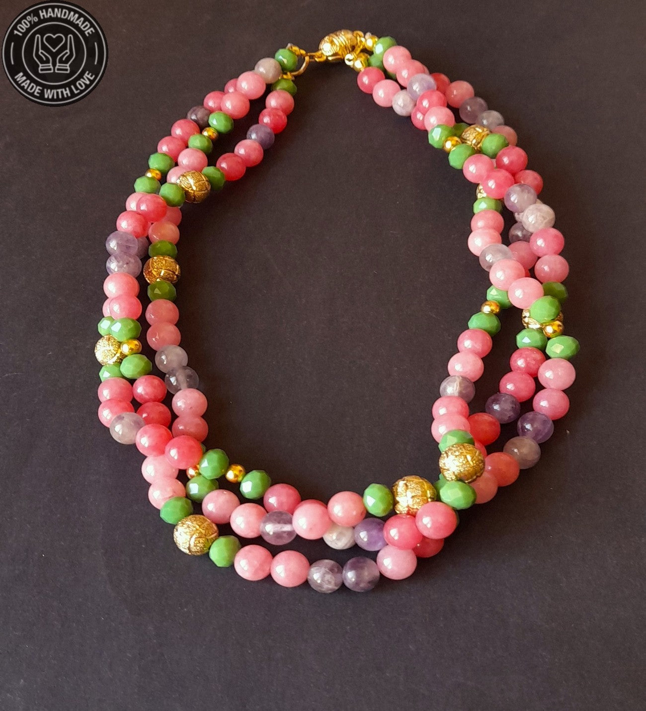 Ametist Pembe Akik Yeşil Kristal 3 Sıralı Sezgisel Güç Nazar Koruması Ve Pozitif Enerji Kolyesi