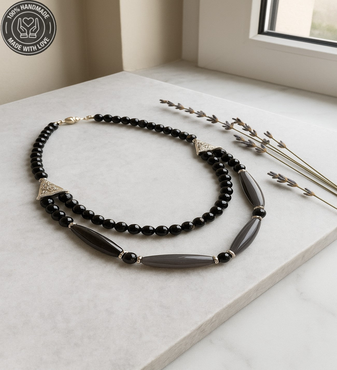 Sedef Oniks 2 Sıralı Şifa Ve Nazardan Koruma Kolyesi