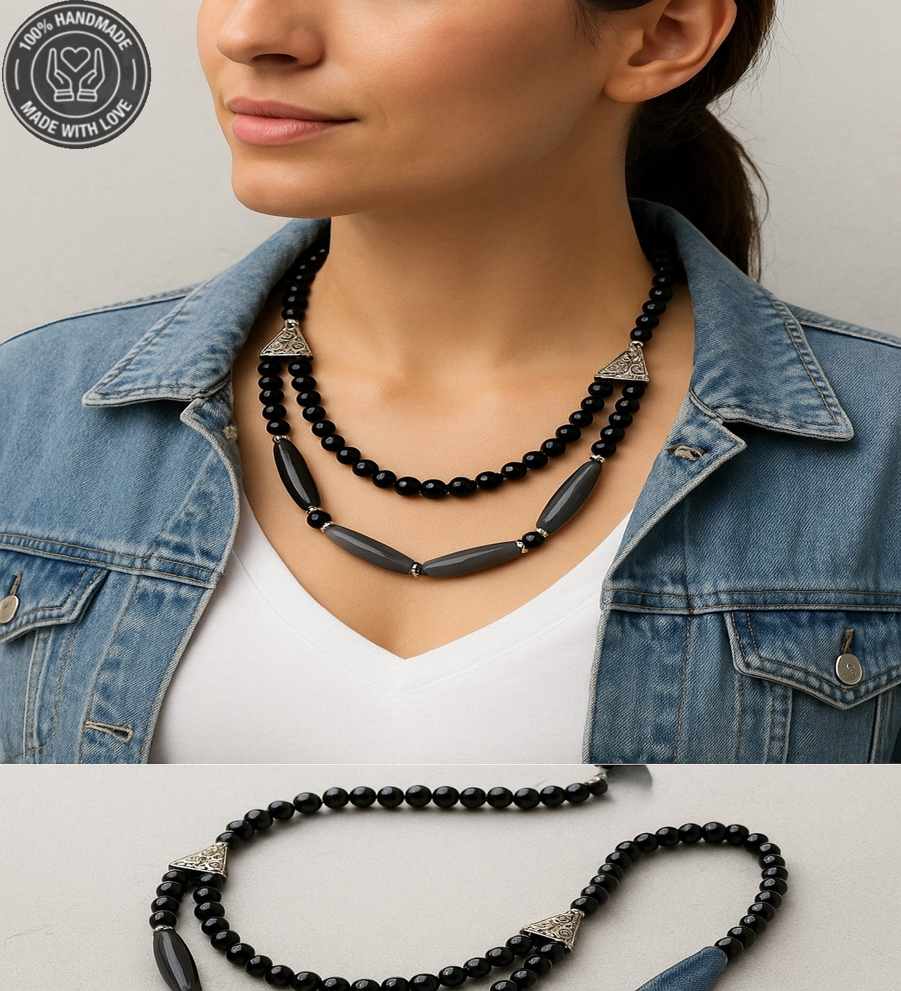 Sedef Oniks 2 Sıralı Şifa Ve Nazardan Koruma Kolyesi