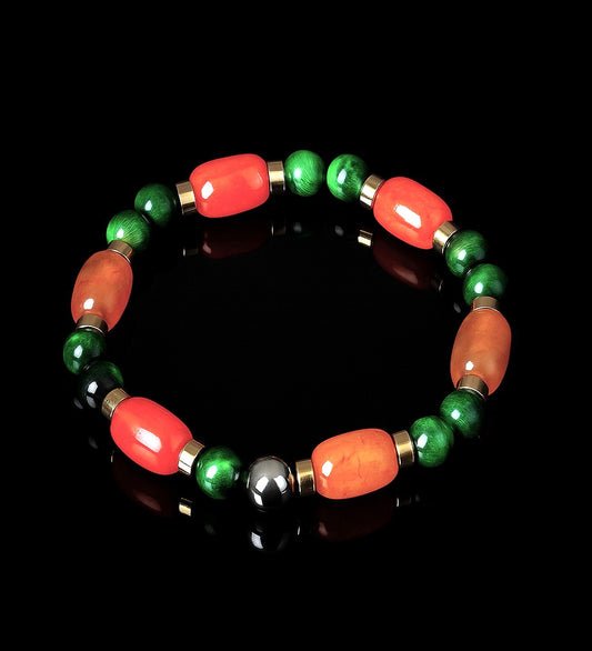 Orange Agate Green Tiger's Eye Bracelet for Luck and Healing, Evil Eye Protection