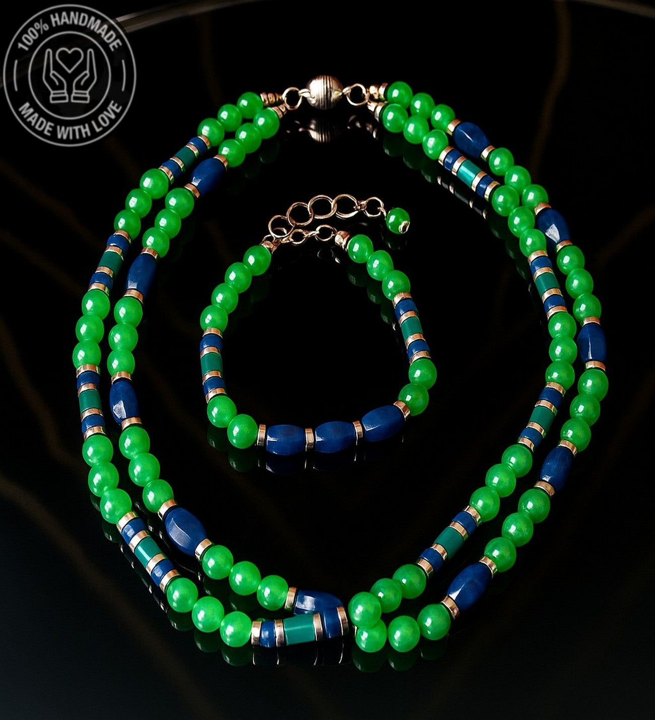 Aventurin Lapis Jasper 2 Sıralı Şans , Bolluk Ve Huzur Kolye Ve Bileklik Seti