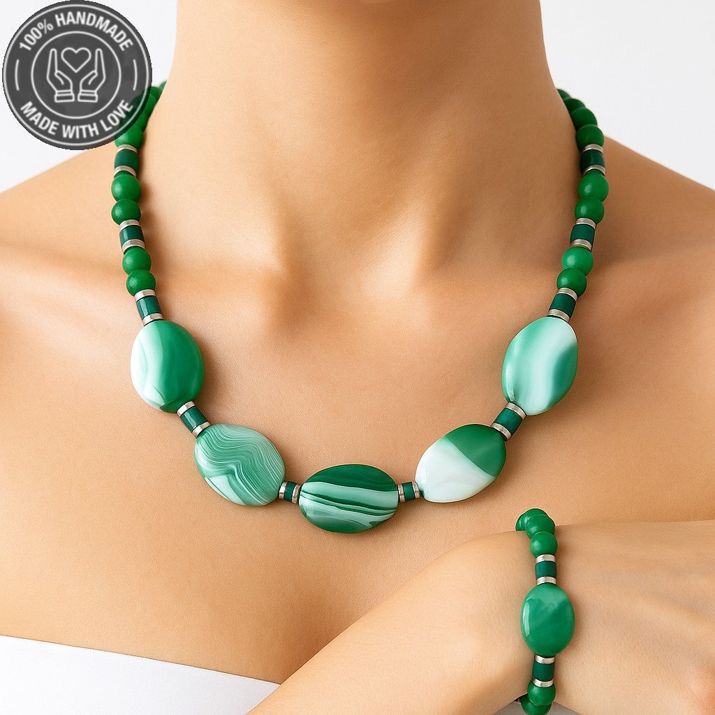 Yeşil Akik Nazardan Korunma Huzur Ve Şans Kolye Bileklik Seti