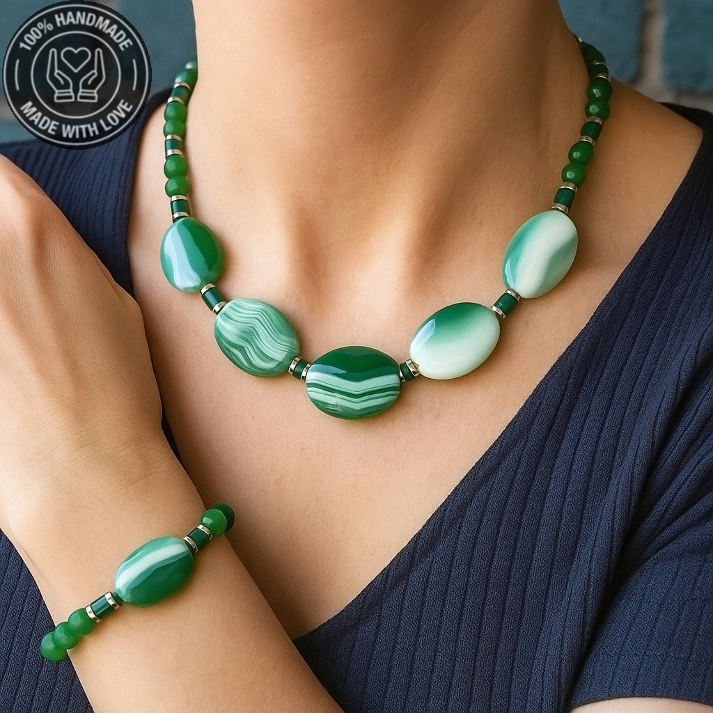 Yeşil Akik Nazardan Korunma Huzur Ve Şans Kolye Bileklik Seti