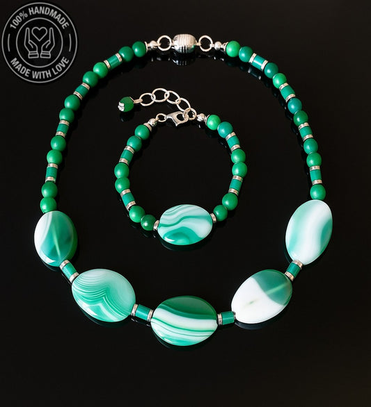 Yeşil Akik Nazardan Korunma Huzur Ve Şans Kolye Bileklik Seti