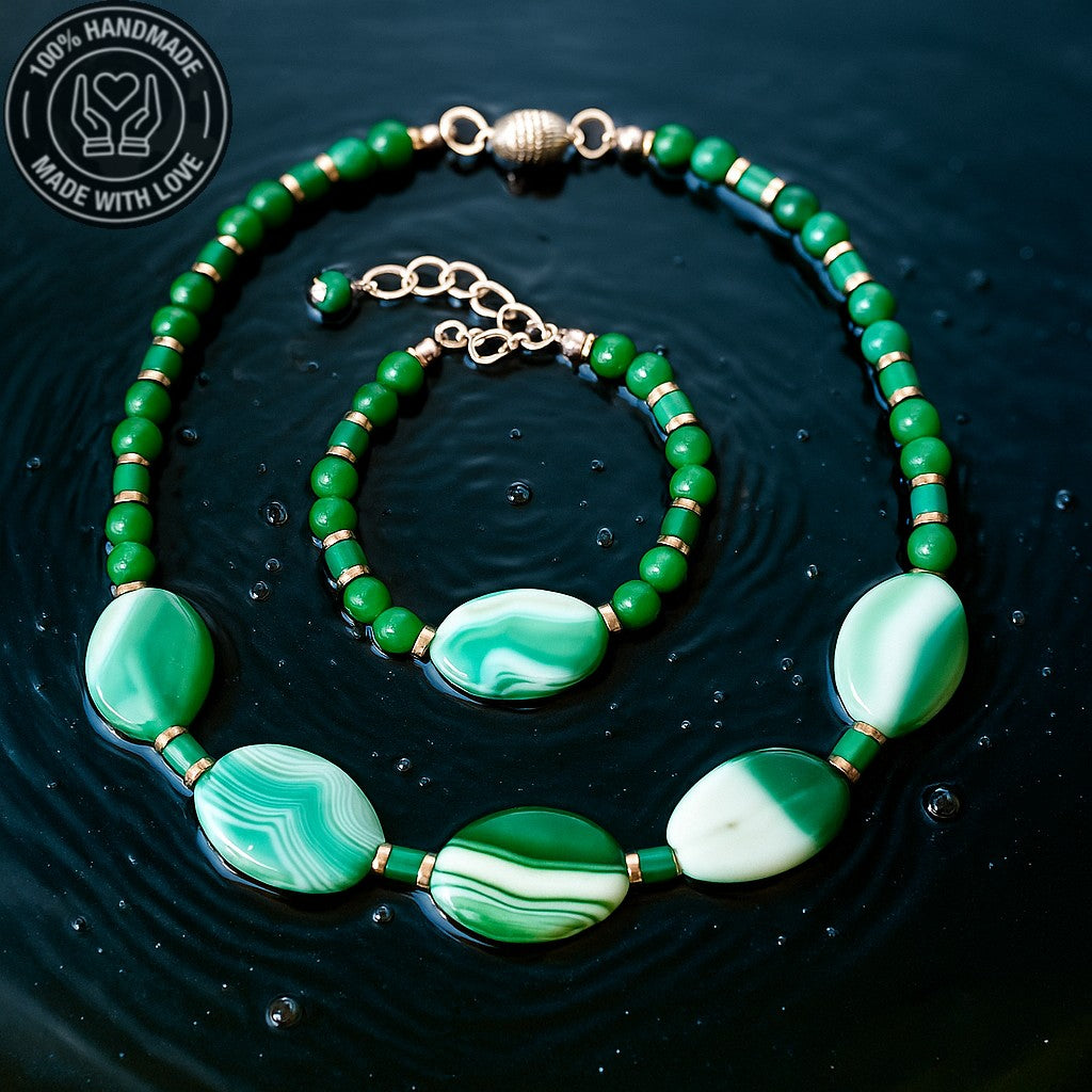 Yeşil Akik Nazardan Korunma Huzur Ve Şans Kolye Bileklik Seti