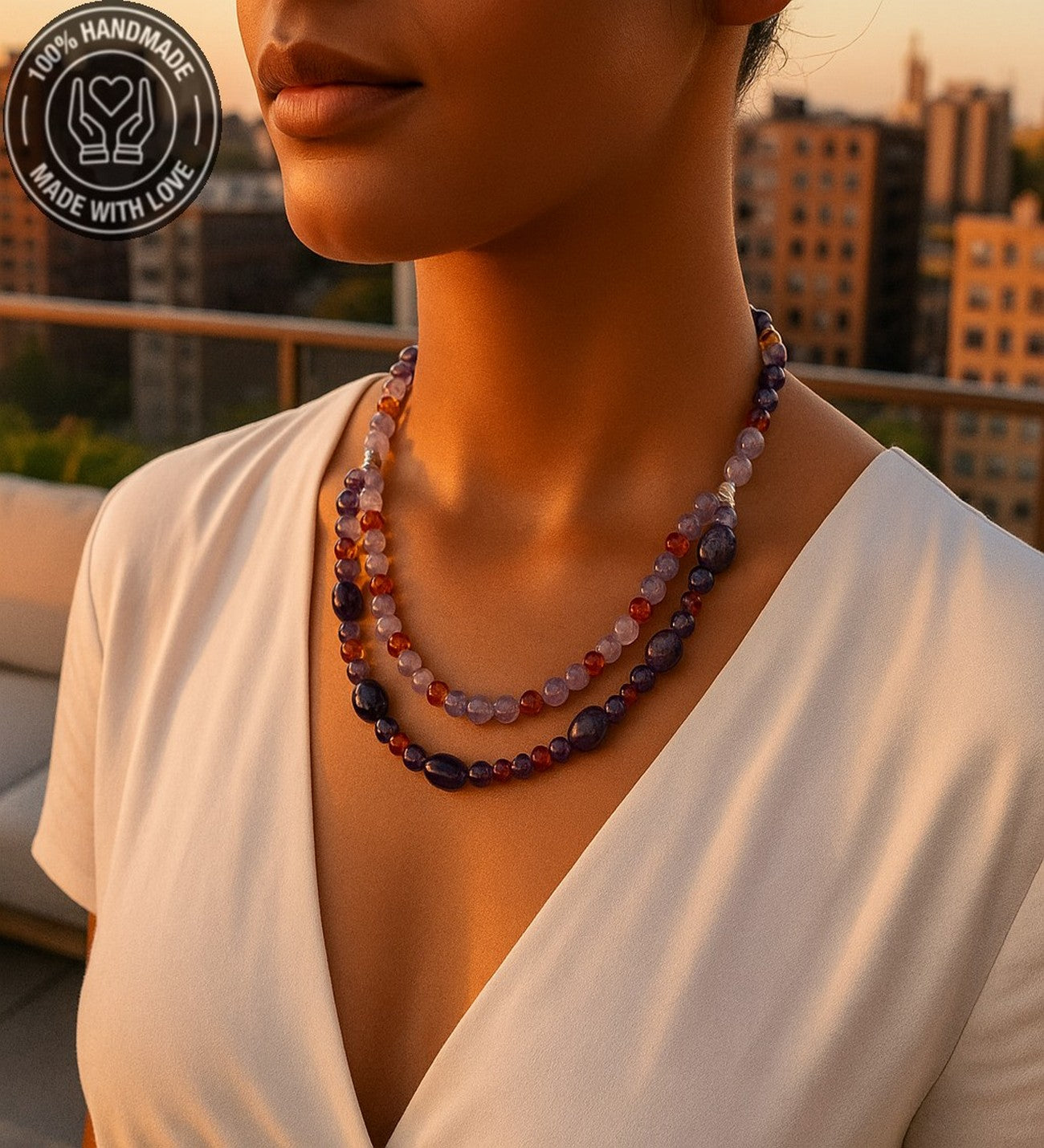 Ametist Kehribar Iki Sıralı Koruması Ve Pozitif Enerji Kolyesi