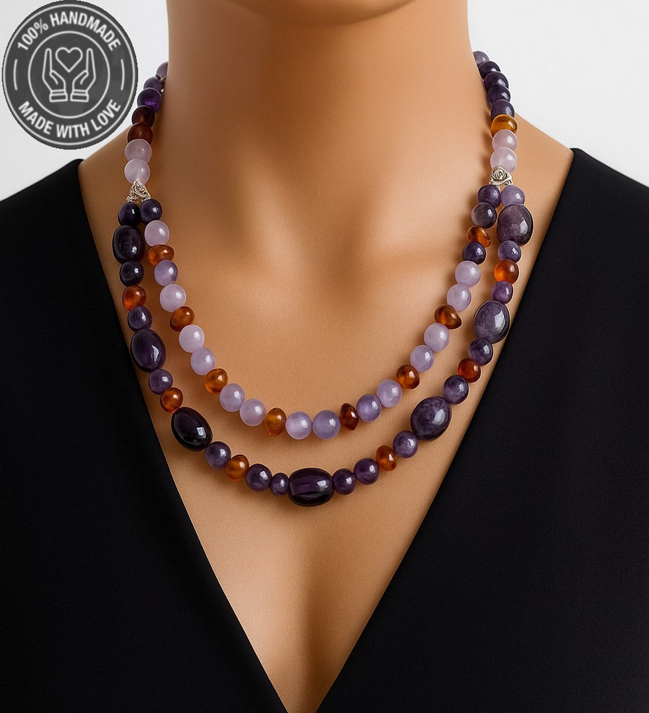 Ametist Kehribar Iki Sıralı Koruması Ve Pozitif Enerji Kolyesi