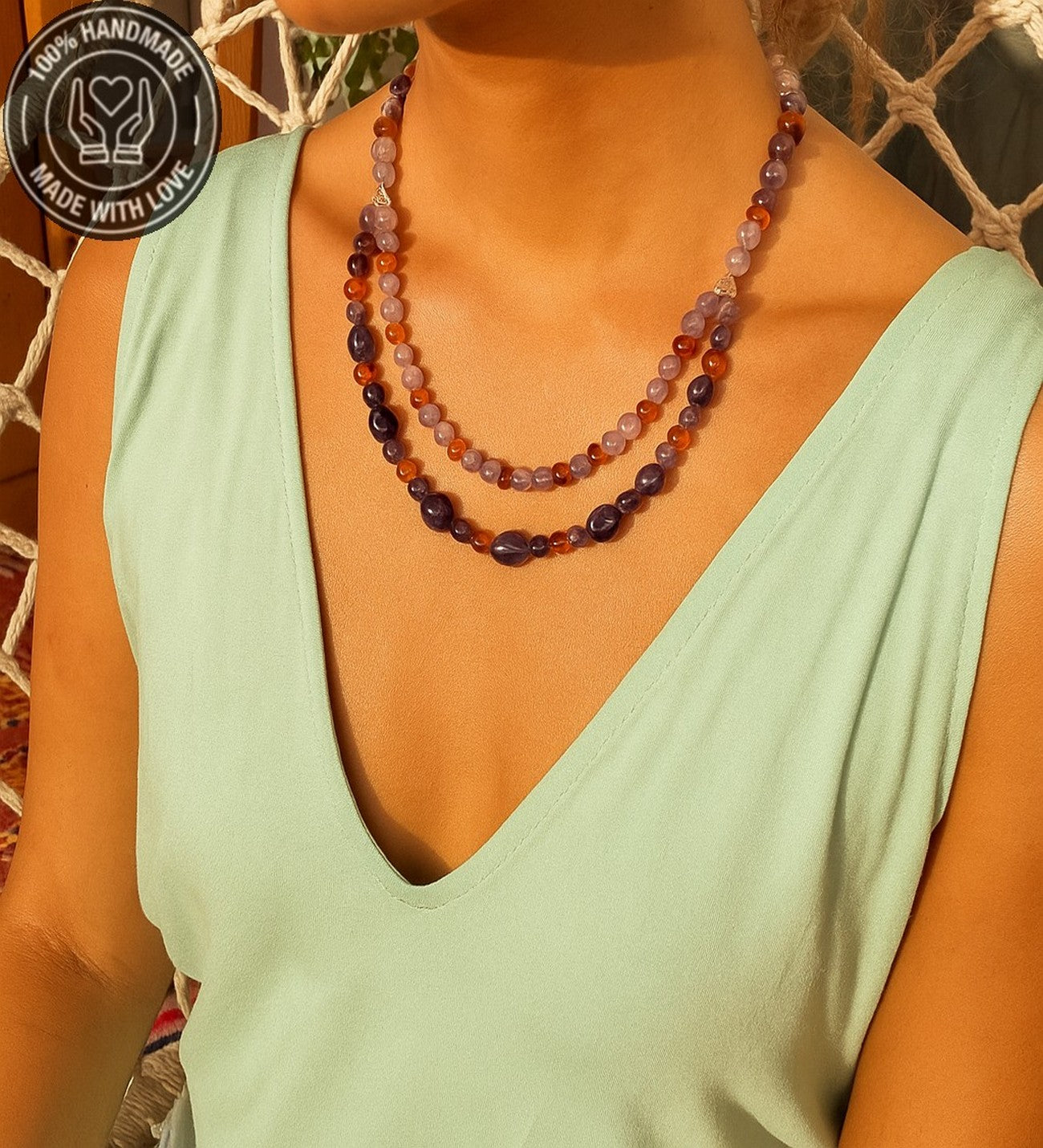 Ametist Kehribar Iki Sıralı Koruması Ve Pozitif Enerji Kolyesi