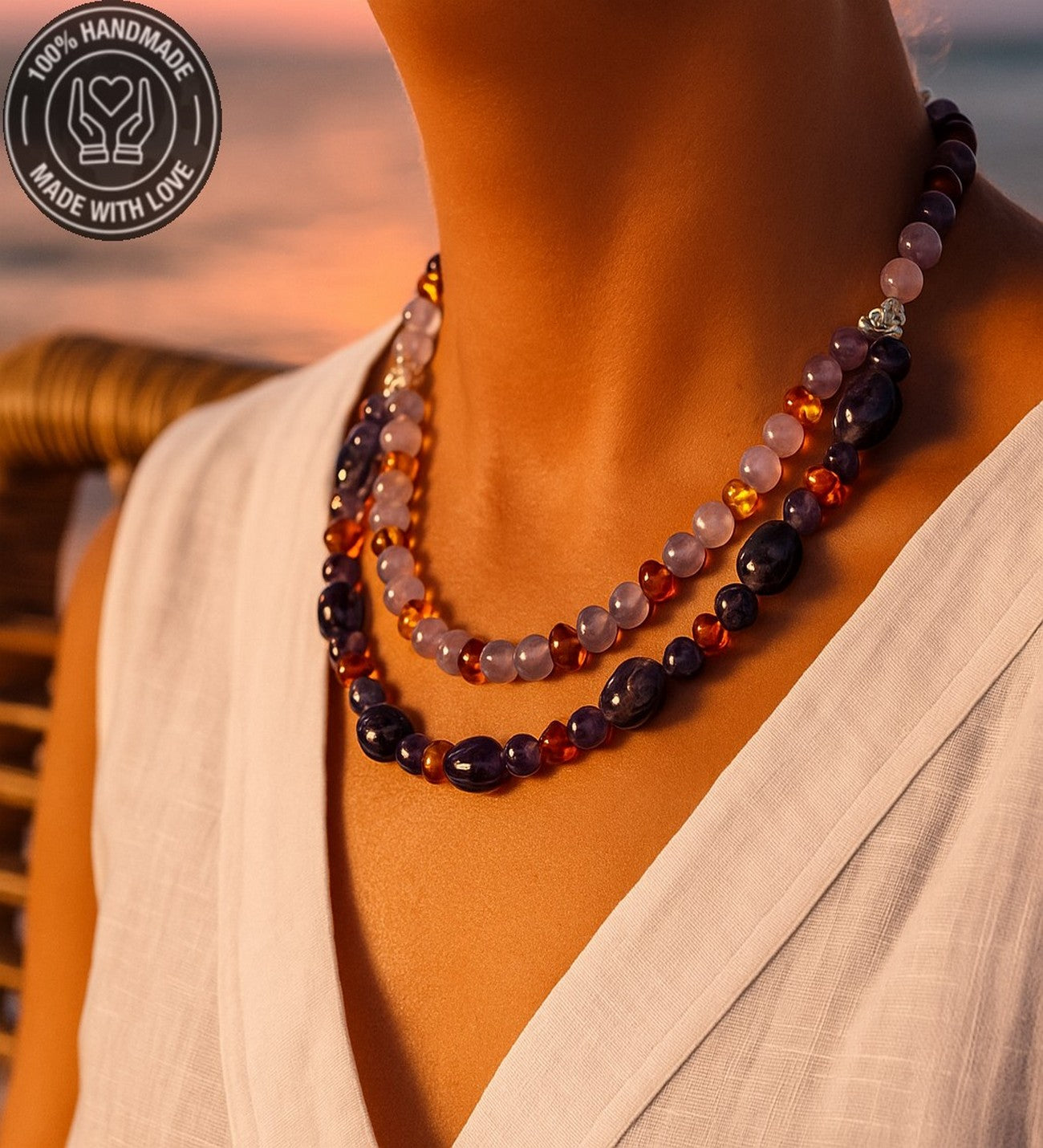 Ametist Kehribar Iki Sıralı Koruması Ve Pozitif Enerji Kolyesi