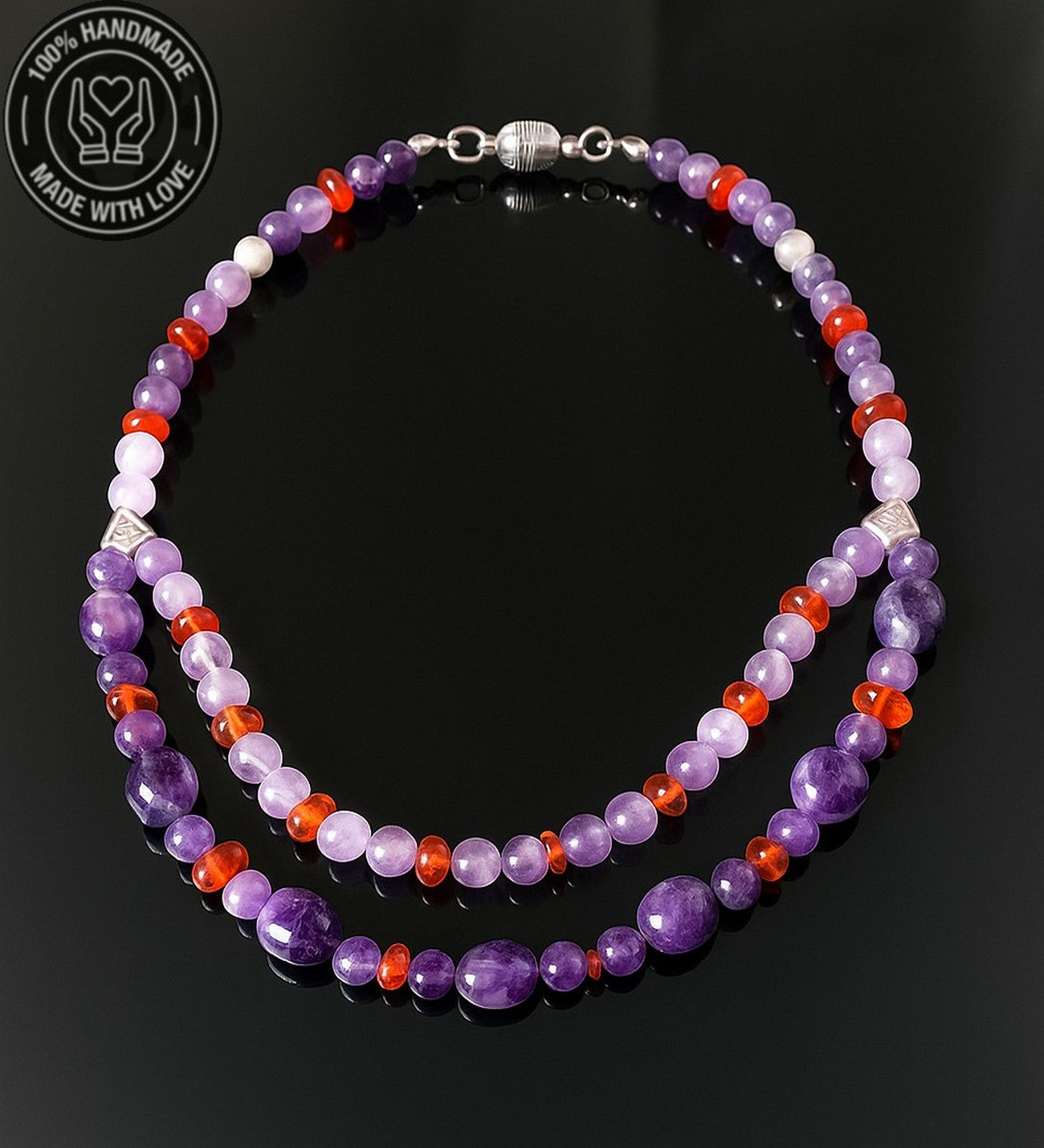 Ametist Kehribar Iki Sıralı Koruması Ve Pozitif Enerji Kolyesi