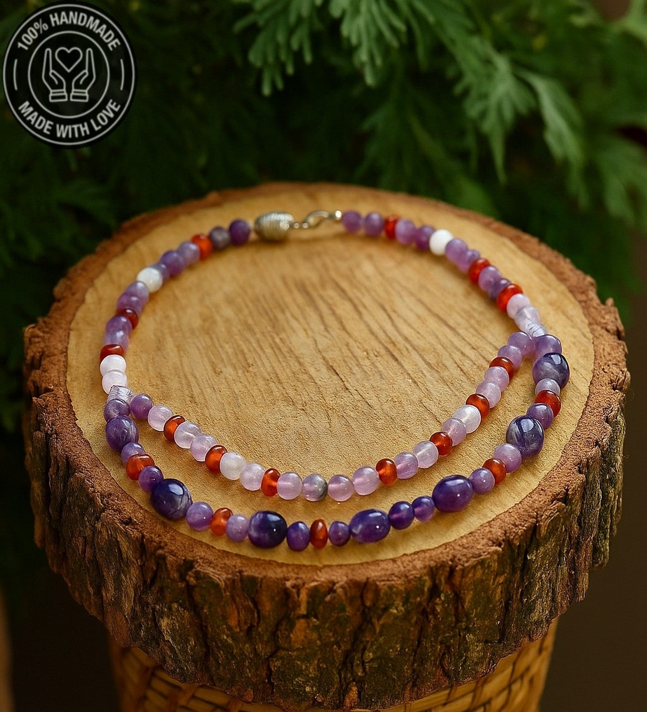 Ametist Kehribar Iki Sıralı Koruması Ve Pozitif Enerji Kolyesi