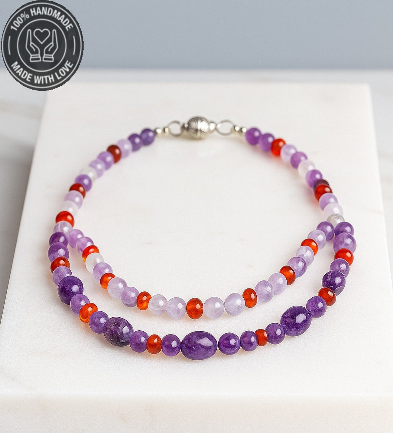 Ametist Kehribar Iki Sıralı Koruması Ve Pozitif Enerji Kolyesi