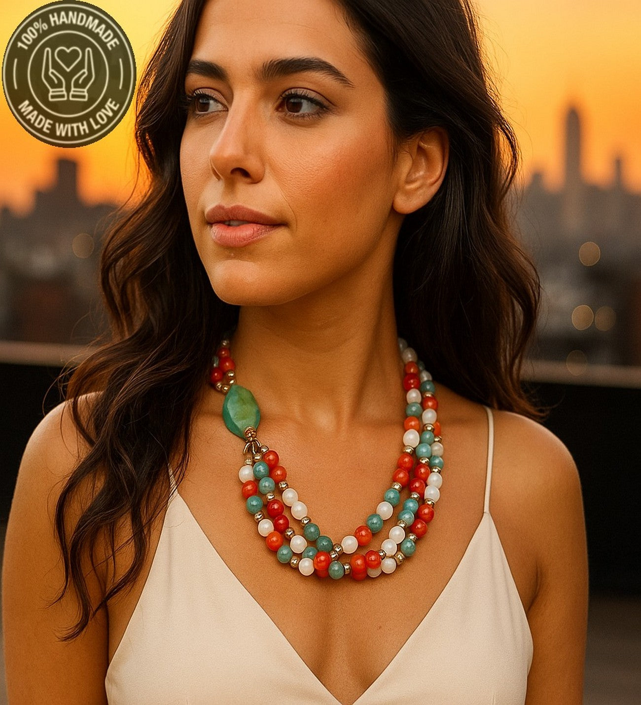 Dumanlı Kuvars Turuncu Akik Aventurin 3 Sıralı Kolye