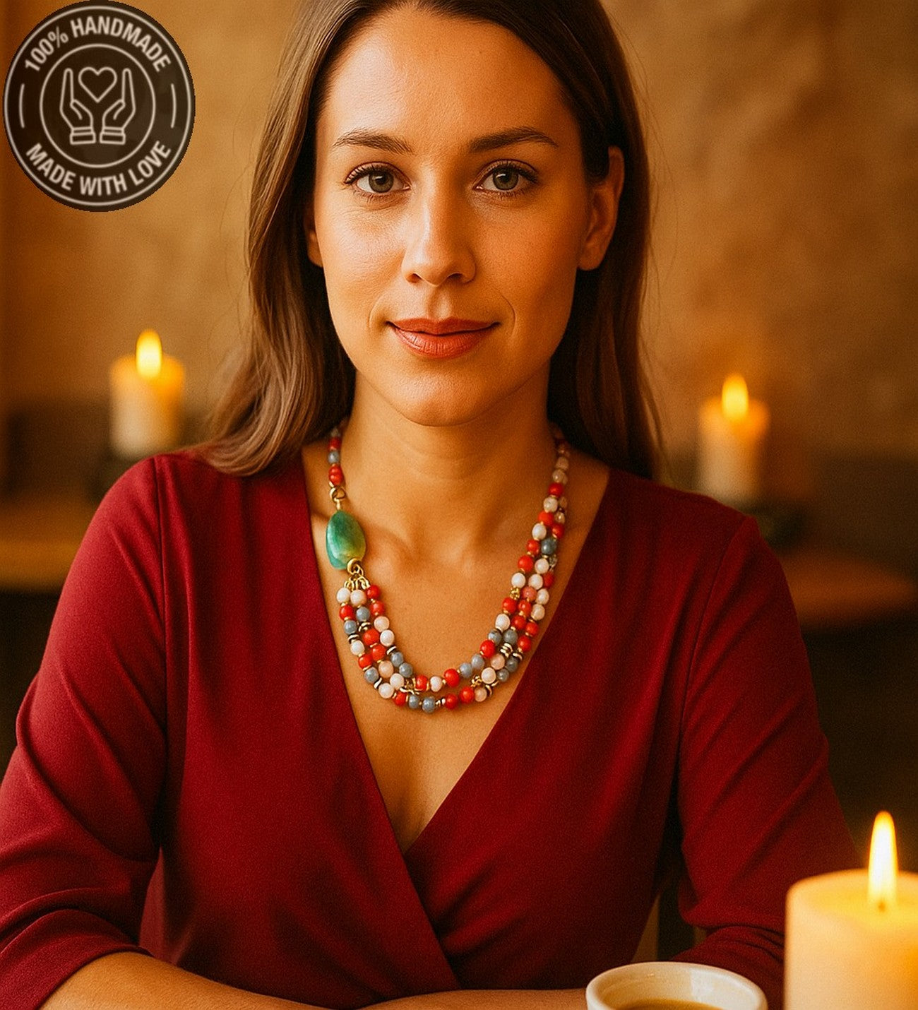 Dumanlı Kuvars Turuncu Akik Aventurin 3 Sıralı Kolye