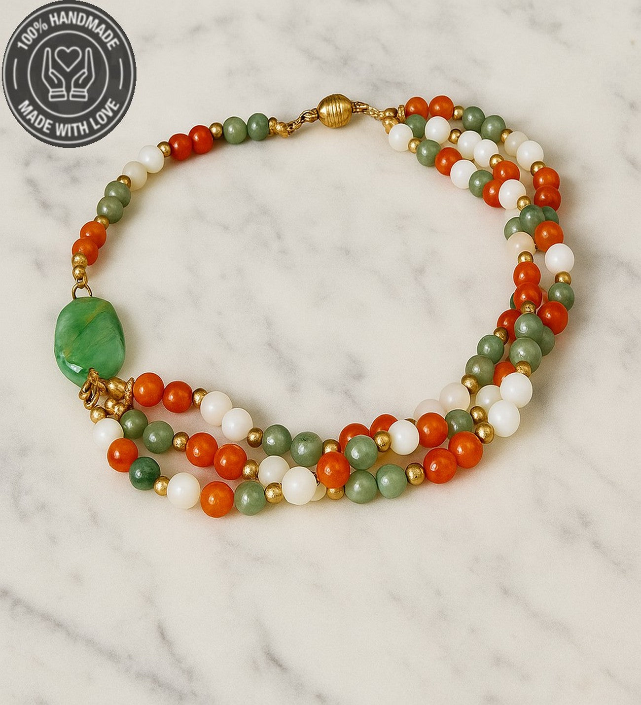 Dumanlı Kuvars Turuncu Akik Aventurin 3 Sıralı Kolye