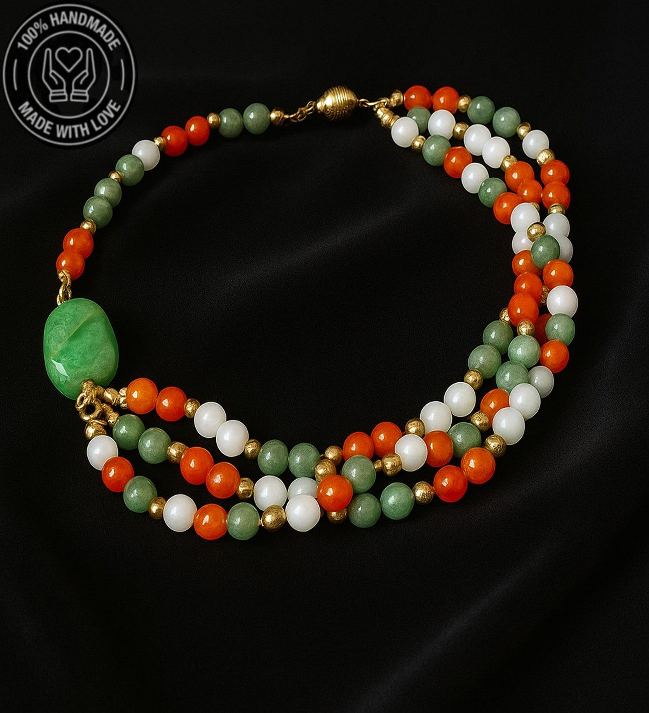 Dumanlı Kuvars Turuncu Akik Aventurin 3 Sıralı Kolye